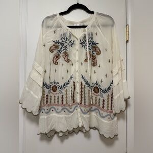 Karyn Seo Sheer Embroidered Blouse Ivory Boho Button Front Size Medium